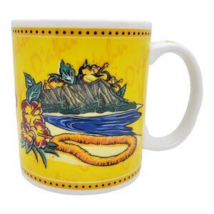 Vintage Oahu Hawaii Hilo Hattie Ceramic Tea Coffee Mug Cup Yellow White Hibiscus